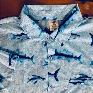 Rima Mens 2XL Blue‎ Fish Short Sleeve Button Up Tropical Hawaiian Camp Shirt